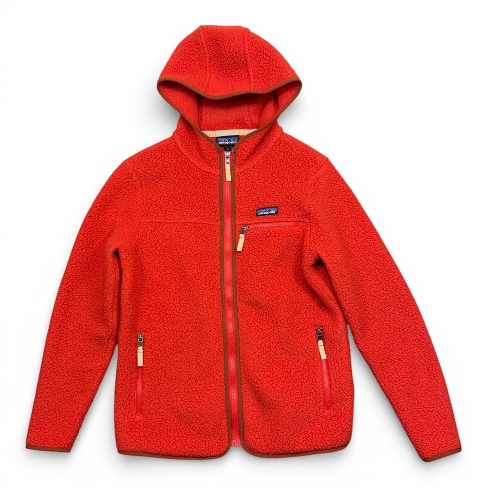 Patagonia Retro Pile Fleece Hoody Womens M Orange Outdoor Hiking Full Zip Hooded